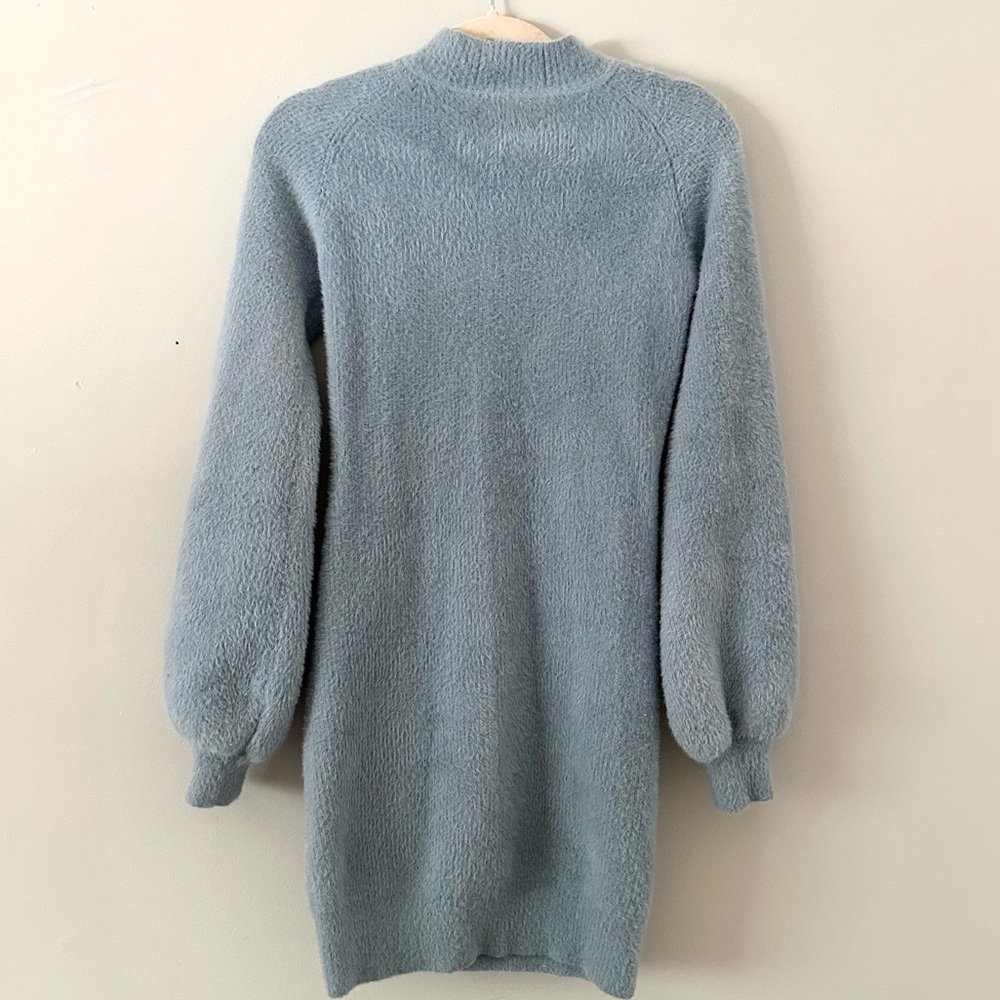 Lalavon Soft Fuzzy Knit Sweater Dress Blue Balloon Sleeve Mock Neck Size M
